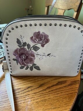 Cream Crossbody Bag with Embroidered Mauve Floral Detail